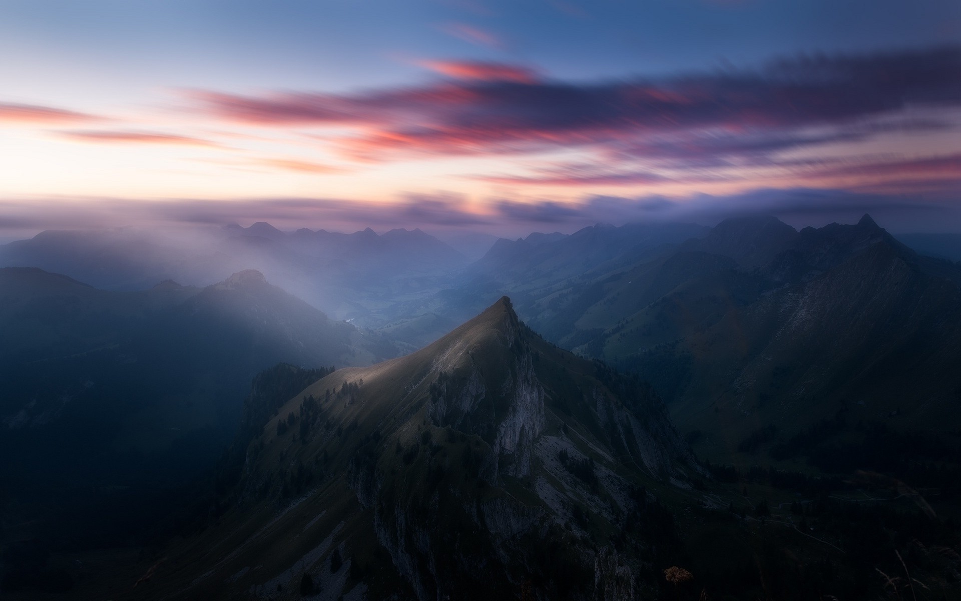 mist, Landscape, Morning, Nature, Sunrise, Mountain, Clouds, Switzerland, Sunlight, Alps, Sun Rays, Valley Wallpaper