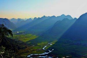 landscape, Nature, Sunrise, Mountain, Mist, Valley, River, Field, Sun Rays, Vietnam, Sunlight, Shadow, Clear Sky, Morning, Farm