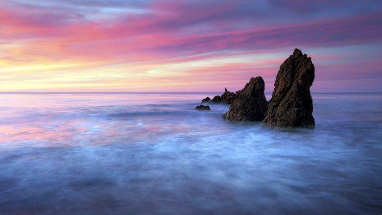 nature, Landscape, Rock, Water, Sea, Clouds, Horizon, Sunset, Waves, Long Exposure, Colorful HD Wallpaper Desktop Background