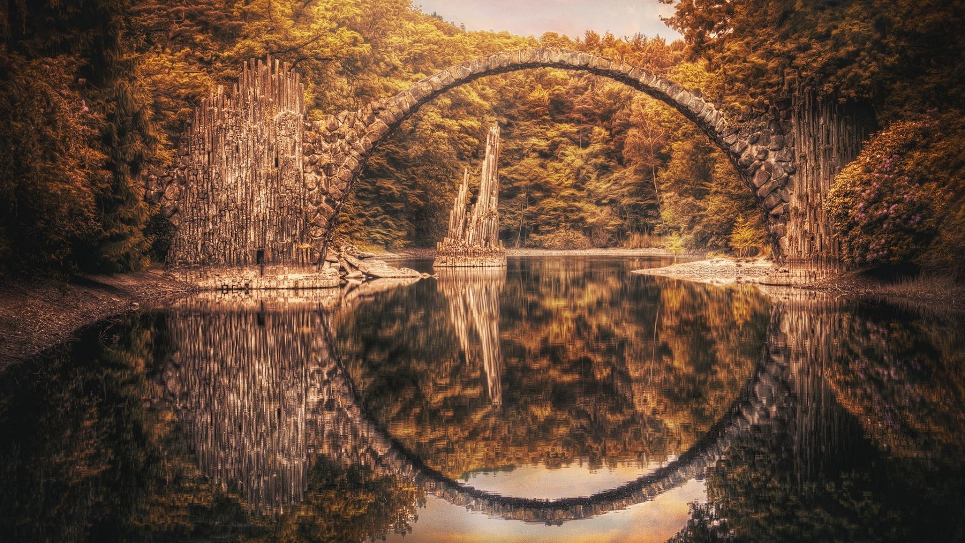 landscape, HDR, Reflection, Nature, Bridge, Rock Formation, Rock, Water, Calm, River, Fall, Trees, Forest Wallpaper