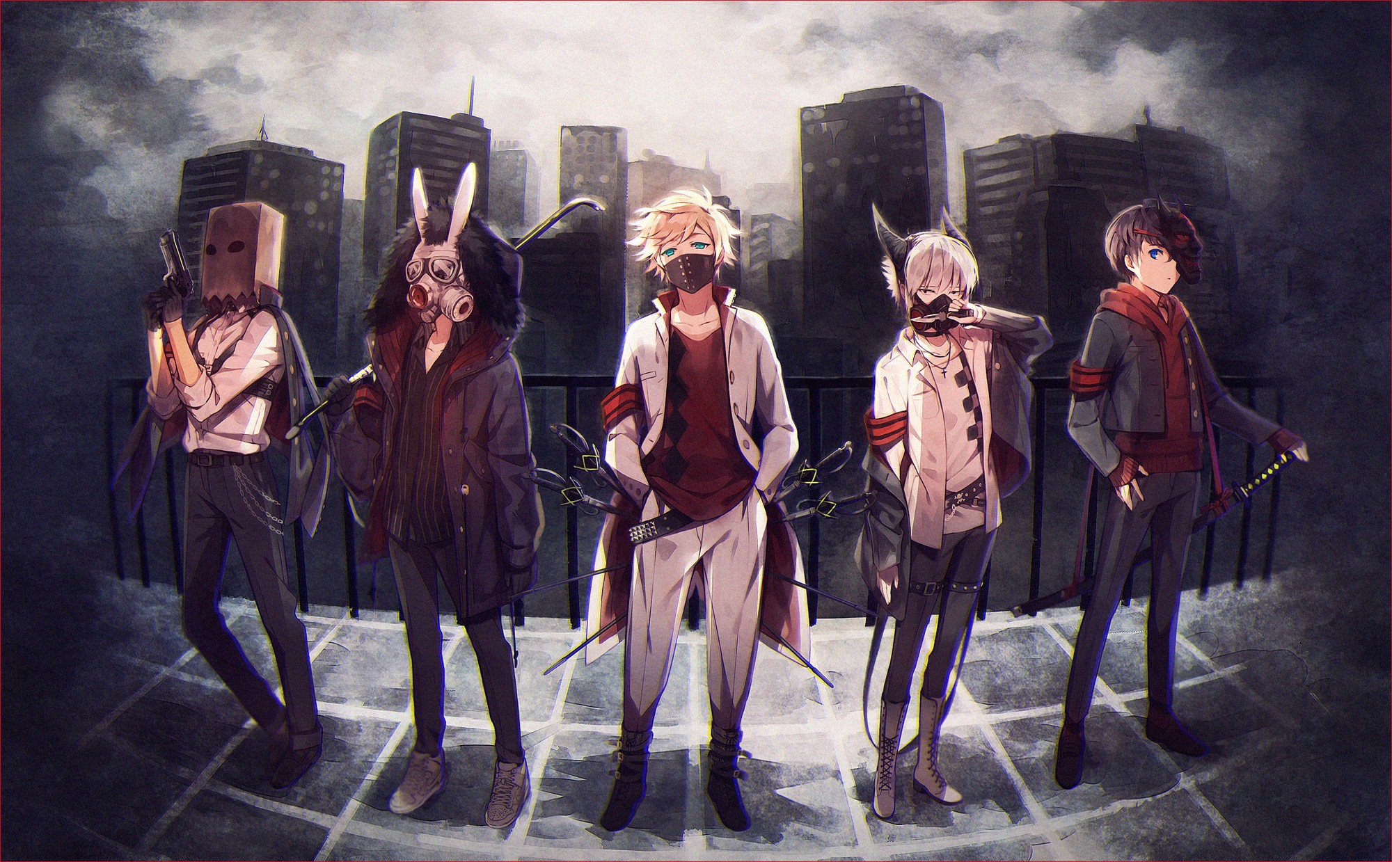 original Characters, Short Hair, Blue Eyes, Mask, Gas Masks, Sword