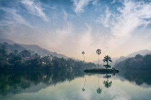 nature, Landscape, Lake, Island, Forest, Reflection, Village, Hill, Sunset, Palm Trees, Water, Clouds, Atmosphere, Sky, Mist, Sri Lanka