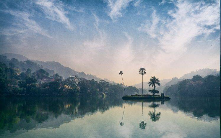 nature, Landscape, Lake, Island, Forest, Reflection, Village, Hill, Sunset, Palm Trees, Water, Clouds, Atmosphere, Sky, Mist, Sri Lanka HD Wallpaper Desktop Background