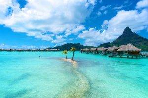 nature, Landscape, Bora Bora, Resort, Island, Tropical, Sea, Beach, Palm Trees, Clouds, Mountain, Turquoise, Water, Bungalow, Summer, Vacations