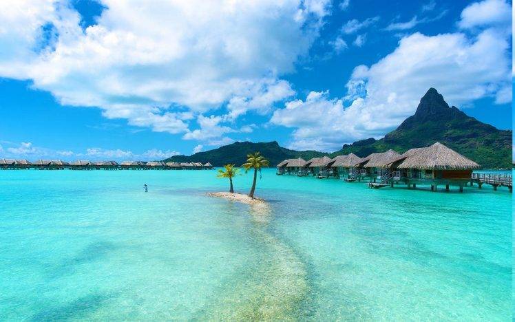 nature, Landscape, Bora Bora, Resort, Island, Tropical, Sea, Beach, Palm Trees, Clouds, Mountain, Turquoise, Water, Bungalow, Summer, Vacations HD Wallpaper Desktop Background