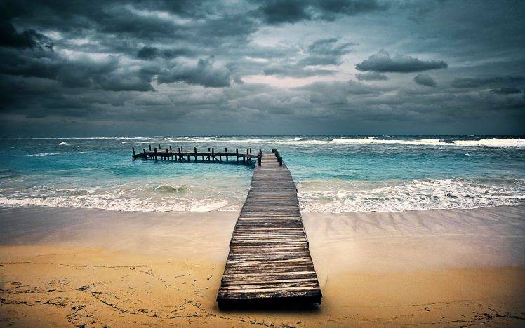 nature, Landscape, Beach, Sand, Sea, Dock, Waves, Clouds, Honduras, Tropical, Pier, Sky HD Wallpaper Desktop Background
