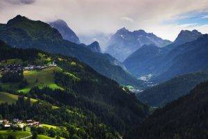 nature, Landscape, Village, Mountain, Forest, Italy, Valley, Mist, Clouds, Summer, Alps