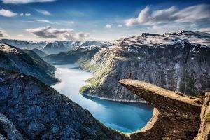 nature, Landscape, Fjord, Norway, Canyon, Cliff, Snow, Mountain, Clouds, Turquoise, Water, Jumping, Morning