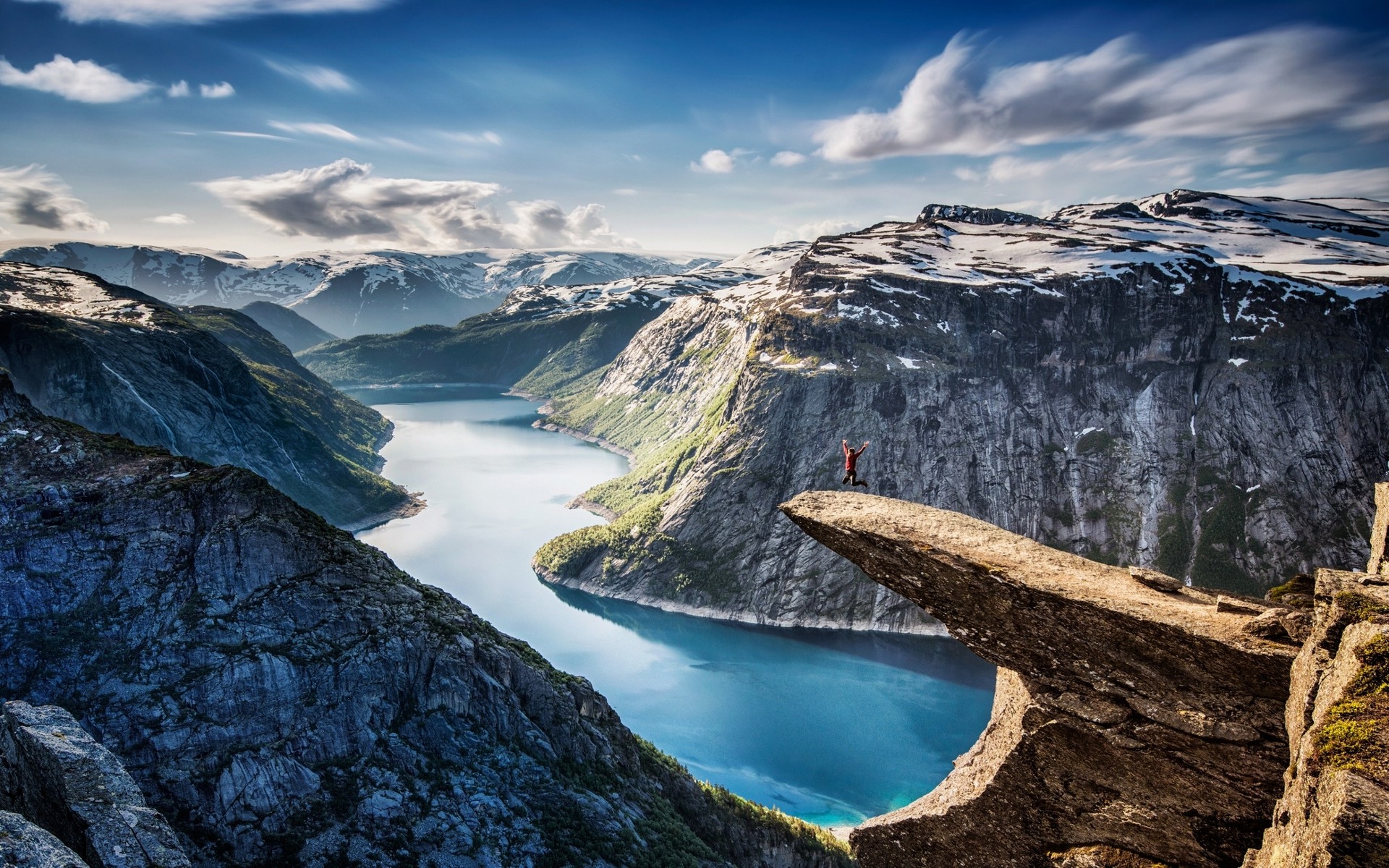 nature, Landscape, Fjord, Norway, Canyon, Cliff, Snow, Mountain, Clouds, Turquoise, Water, Jumping, Morning Wallpaper