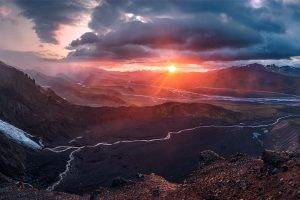 nature, Landscape, Sunrise, Panoramas, Valley, Glaciers, River, Sky, Clouds, Iceland, Mountain, Sun Rays