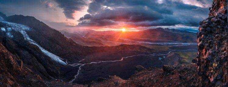 nature, Landscape, Sunrise, Panoramas, Valley, Glaciers, River, Sky, Clouds, Iceland, Mountain, Sun Rays HD Wallpaper Desktop Background