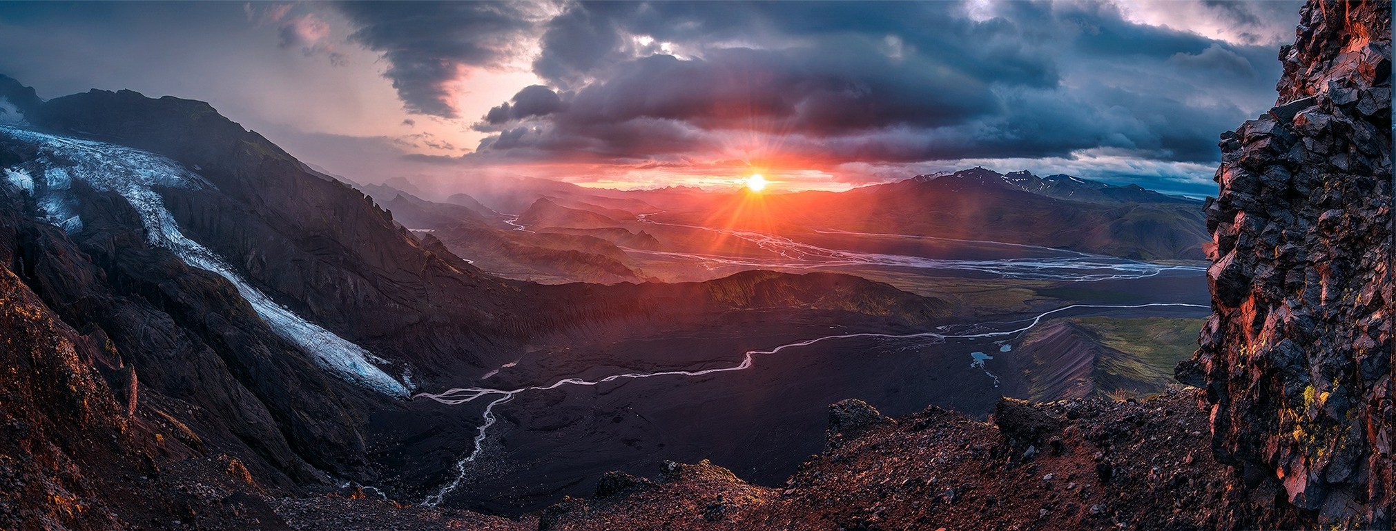 nature, Landscape, Sunrise, Panoramas, Valley, Glaciers, River, Sky, Clouds, Iceland, Mountain, Sun Rays Wallpaper
