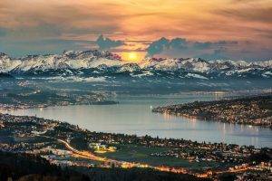 nature, Landscape, Panoramas, Lake, Zurich, Switzerland, Cityscape, Mountain, Snowy Peak, Sunrise, Sky, Clouds, Lights