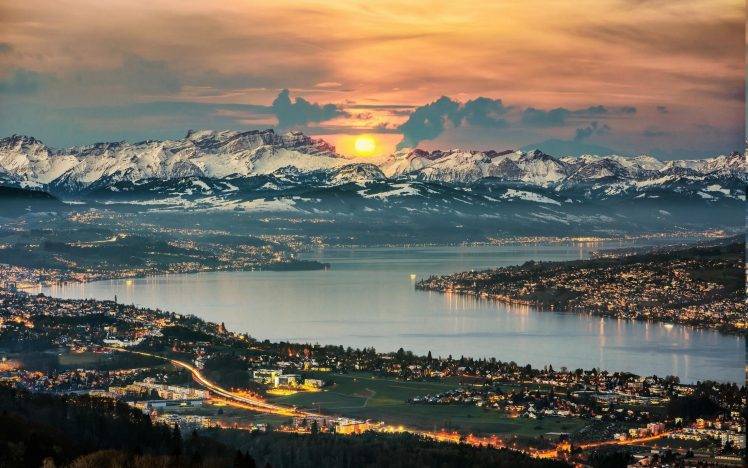 nature, Landscape, Panoramas, Lake, Zurich, Switzerland, Cityscape, Mountain, Snowy Peak, Sunrise, Sky, Clouds, Lights HD Wallpaper Desktop Background