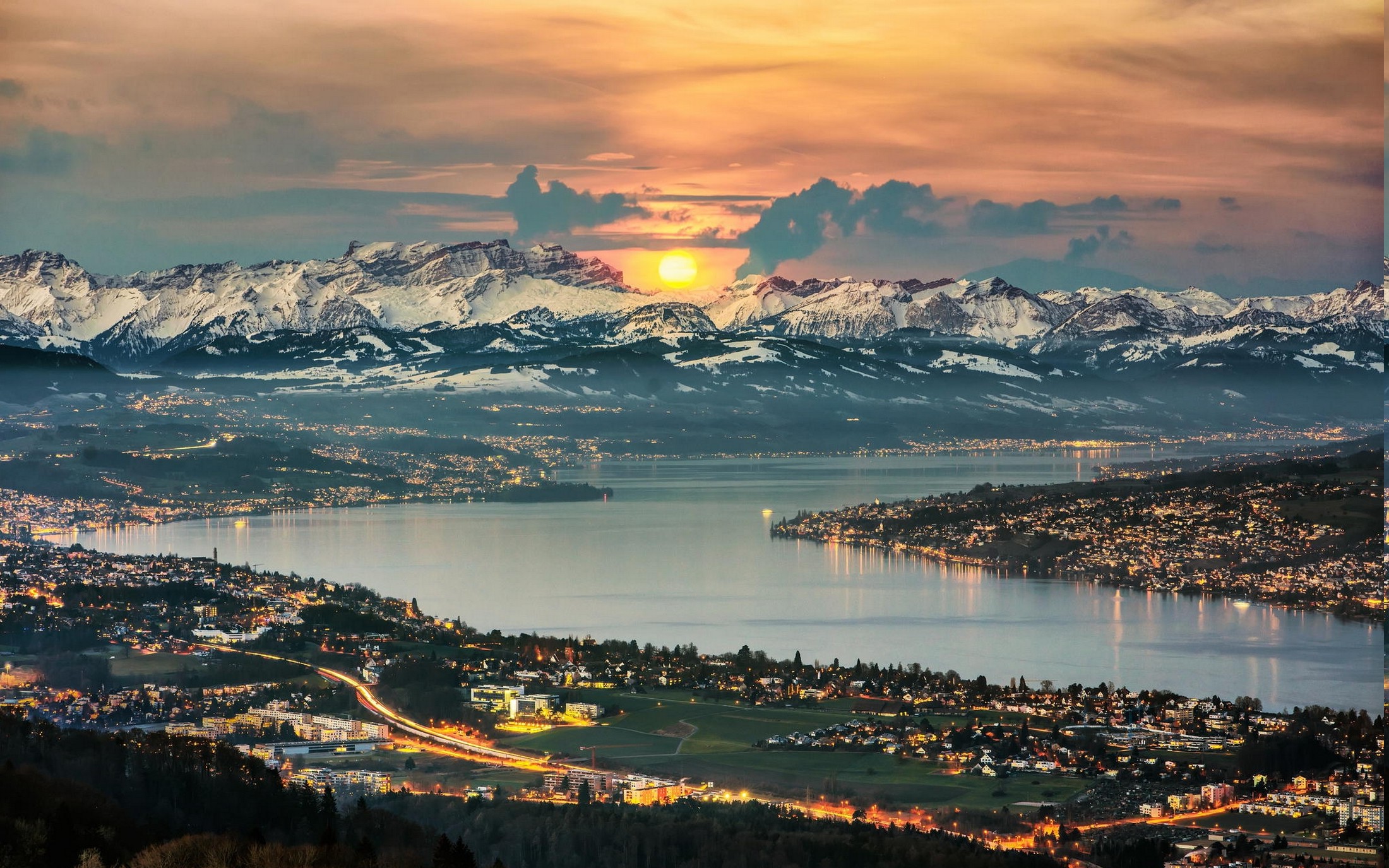 nature, Landscape, Panoramas, Lake, Zurich, Switzerland, Cityscape, Mountain, Snowy Peak, Sunrise, Sky, Clouds, Lights Wallpaper