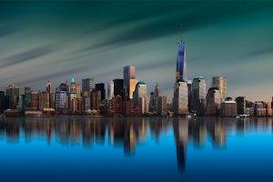 landscape, Architecture, World Trade Center, New York City, Manhattan, Island, Skyscraper, Metropolis, Building, Reflection, Sunrise, Calm, Sea, Water, Cityscape, Skyline