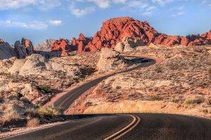 road, Mountain, Desert, Clouds, Warm Colors, Landscape, Nevada, Valley Of Fire State Park, USA, Nature, Shadow, Rock, Rock Formation