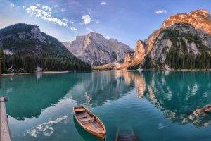 nature, Landscape, Summer, Lake, Forest, Mountain, Church, Boat, Morning, Italy, Reflection, Turquoise, Water