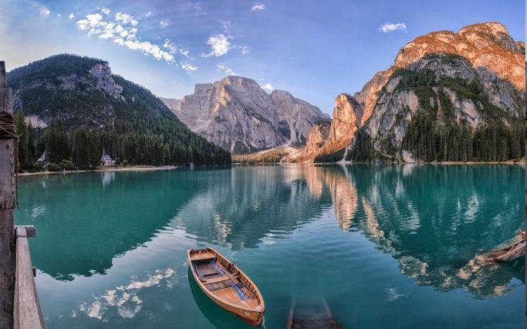 nature, Landscape, Summer, Lake, Forest, Mountain, Church, Boat, Morning, Italy, Reflection, Turquoise, Water HD Wallpaper Desktop Background