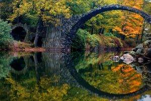 nature, Landscape, Fall, Colorful, Bridge, Forest, Reflection, River, Germany, Trees, Water, Shrubs