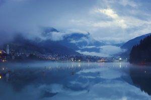 landscape, Blue, Lake, Nature, Mist, Clouds, Mountain, City, Lights, Water, Reflection, Evening, Calm, Valley