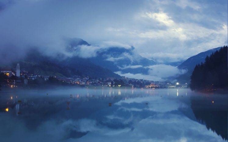 landscape, Blue, Lake, Nature, Mist, Clouds, Mountain, City, Lights, Water, Reflection, Evening, Calm, Valley HD Wallpaper Desktop Background