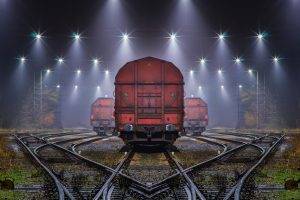 landscape, Train, Railway, Night, Mist, Lights, Shrubs, Machine, Technology, Symmetry