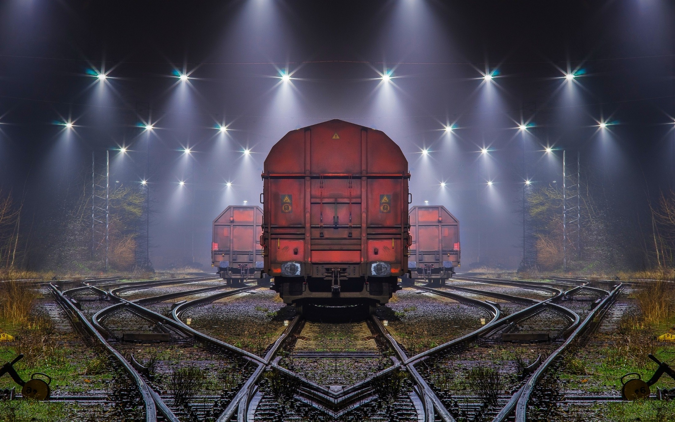 landscape, Train, Railway, Night, Mist, Lights, Shrubs, Machine, Technology, Symmetry Wallpaper