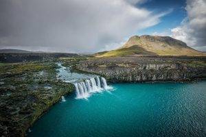 landscape, Nature, Waterfall, Iceland, River, Mountain, Fall, Turquoise, Water, Clouds, Lava, Field, Cliff, Lake
