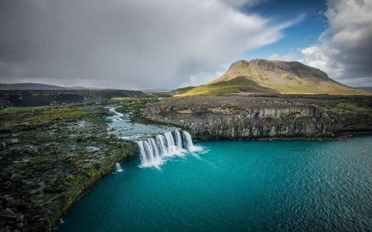 landscape, Nature, Waterfall, Iceland, River, Mountain, Fall, Turquoise, Water, Clouds, Lava, Field, Cliff, Lake HD Wallpaper Desktop Background