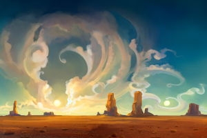 fantasy Art, Landscape, Desert, Rock, Clouds, Sun, Painting, Smoke, Sky