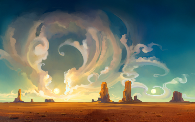 fantasy Art, Landscape, Desert, Rock, Clouds, Sun, Painting, Smoke, Sky HD Wallpaper Desktop Background