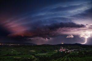 lightning, Sunset, Storm, Clouds, Sky, Austria, Nature, Landscape, Field, Village, Lights