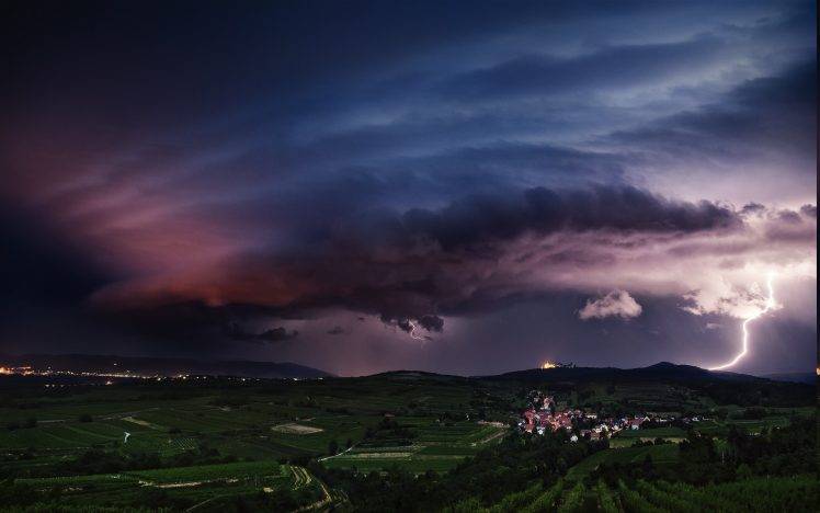 lightning, Sunset, Storm, Clouds, Sky, Austria, Nature, Landscape, Field, Village, Lights HD Wallpaper Desktop Background