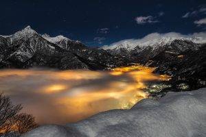 Alps, Mountain, Mist, Snow, Italy, Cityscape, Lights, Stars, Clouds, Nature, Landscape, Evening