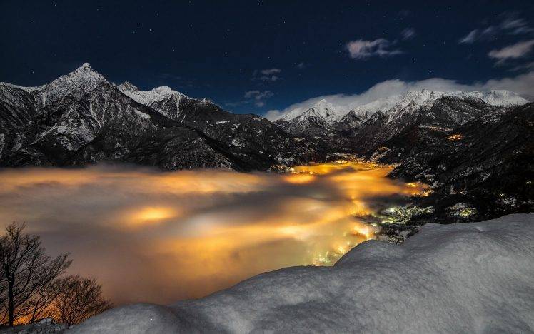 Alps, Mountain, Mist, Snow, Italy, Cityscape, Lights, Stars, Clouds, Nature, Landscape, Evening HD Wallpaper Desktop Background