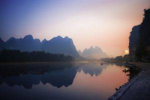 nature, Landscape, Reflection, River, Mountain, Sunrise, Mist, China, Palm Trees, Boat, Water, Calm
