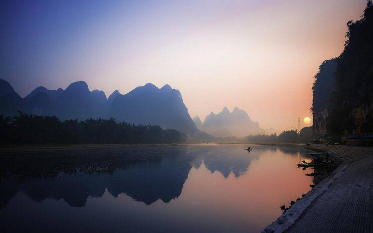 nature, Landscape, Reflection, River, Mountain, Sunrise, Mist, China, Palm Trees, Boat, Water, Calm HD Wallpaper Desktop Background