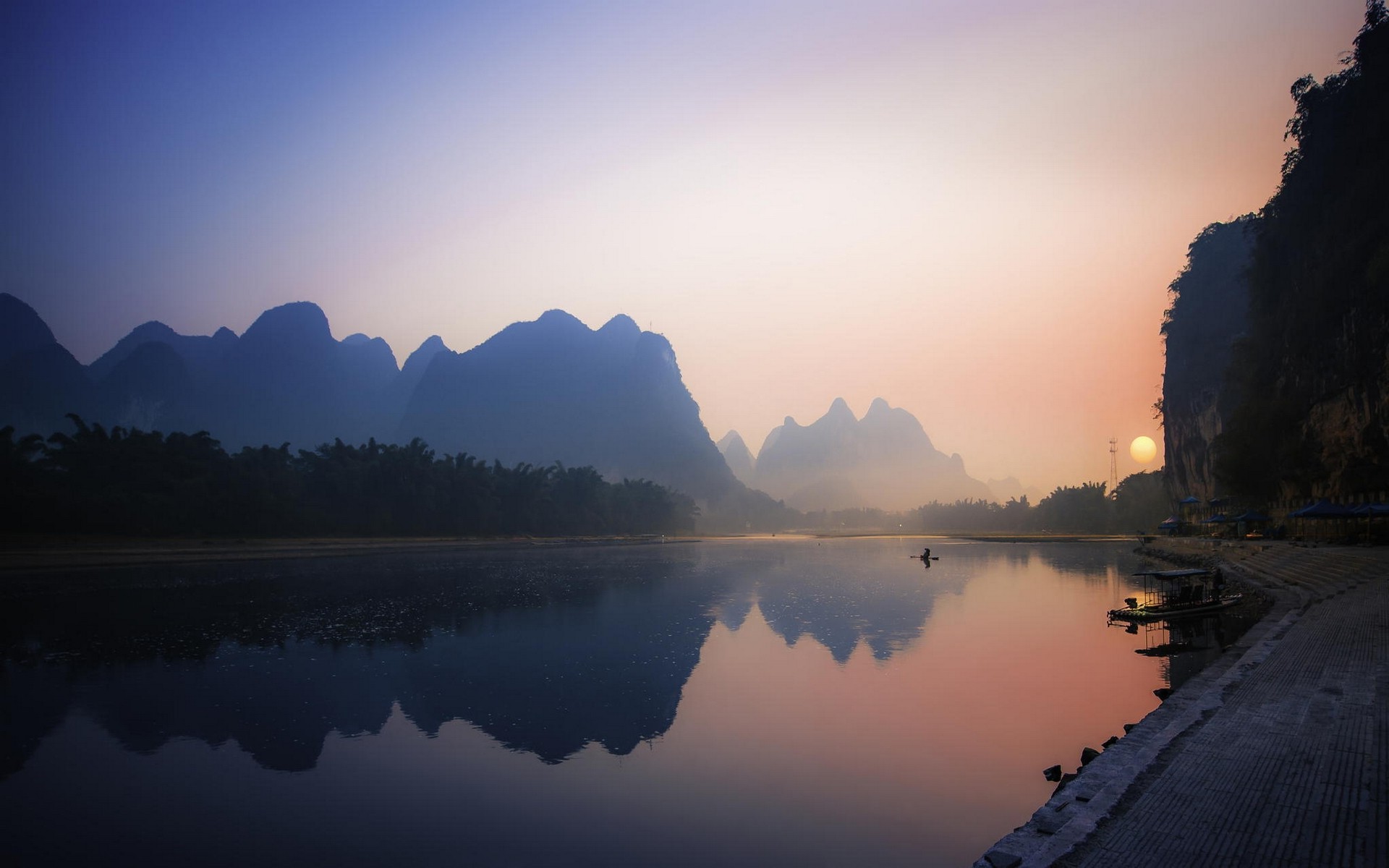 nature, Landscape, Reflection, River, Mountain, Sunrise, Mist, China, Palm Trees, Boat, Water, Calm Wallpaper