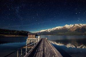 nature, Landscape, Water, Horizon, Lake, Mountain, Snowy Peak, Trees, Forest, Hill, Night, Stars, Pier, Wood, Wooden Surface, House, Reflection, Mist, Shadow
