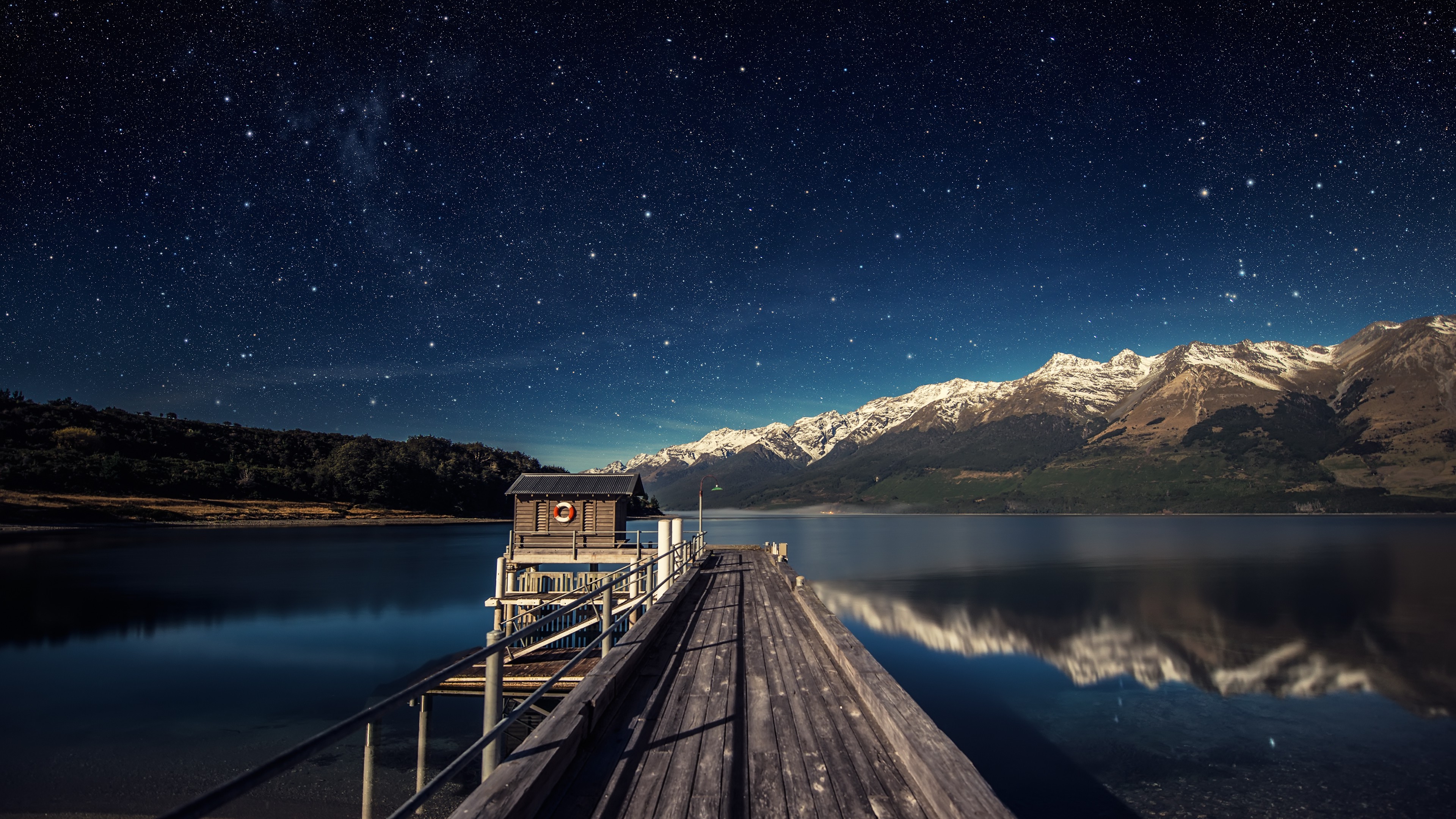 nature, Landscape, Water, Horizon, Lake, Mountain, Snowy Peak, Trees, Forest, Hill, Night, Stars, Pier, Wood, Wooden Surface, House, Reflection, Mist, Shadow Wallpaper