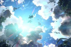 sunlight, Yuuki Tatsuya, Sword Art Online, Kirigaya Kazuto, Yuuki Asuna, Clouds, Sky, Wings, Flying, Anime, Worm’s Eye View