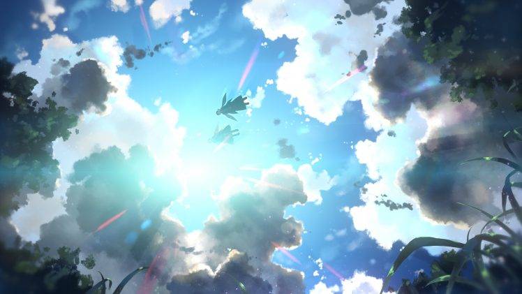 sunlight, Yuuki Tatsuya, Sword Art Online, Kirigaya Kazuto, Yuuki Asuna, Clouds, Sky, Wings, Flying, Anime, Worm’s Eye View HD Wallpaper Desktop Background