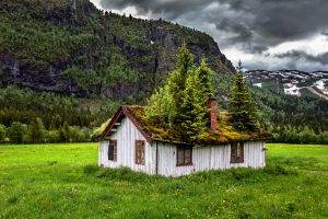 landscape, Nature, Summer, Abandoned, Norway, Grass, Clouds, Mountain, House, Trees, Green