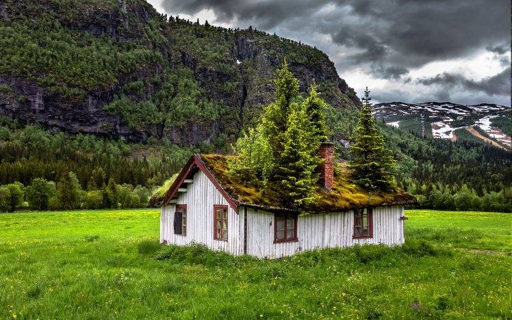 landscape, Nature, Summer, Abandoned, Norway, Grass, Clouds, Mountain, House, Trees, Green HD Wallpaper Desktop Background