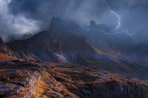 nature, Landscape, Mountain, Storm, Dolomites (mountains), Lightning, Clouds, Italy, Mist, Sky, Summer