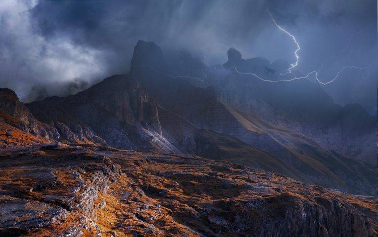 nature, Landscape, Mountain, Storm, Dolomites (mountains), Lightning, Clouds, Italy, Mist, Sky, Summer HD Wallpaper Desktop Background