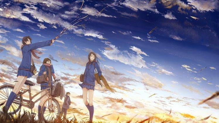 original Characters, Bicycle, School Uniform, Clouds, Sky, Anime Girls, Anime, Sunset, Schoolgirls HD Wallpaper Desktop Background