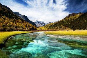 landscape, Nature, Fall, River, Turquoise, Water, Mountain, Tibet, Grass, Forest, Snowy Peak, Trees, Clouds