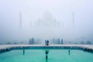 landscape, Nature, Mist, Taj Mahal, Garden, India, Temple, Pond, Bench, Water, Calm, Reflection, Architecture